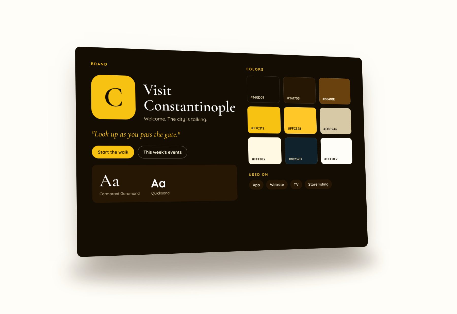 A brand kit for the example destination: logo, colors, type and buttons