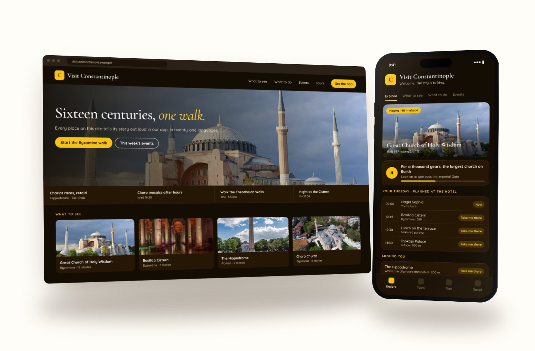 The partner website and app for an example destination, Constantinople