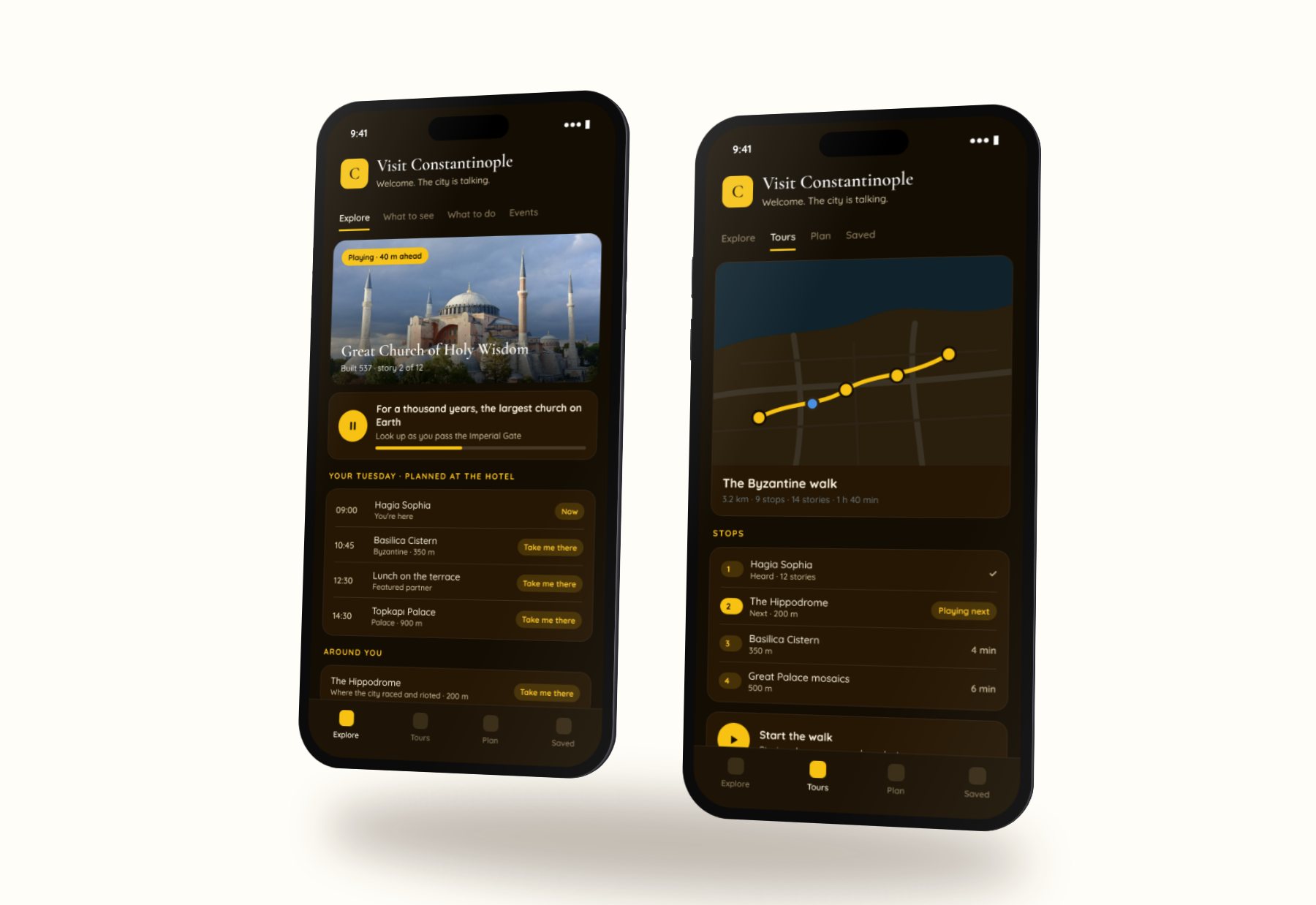 The partner app on a phone, playing the story of Hagia Sophia