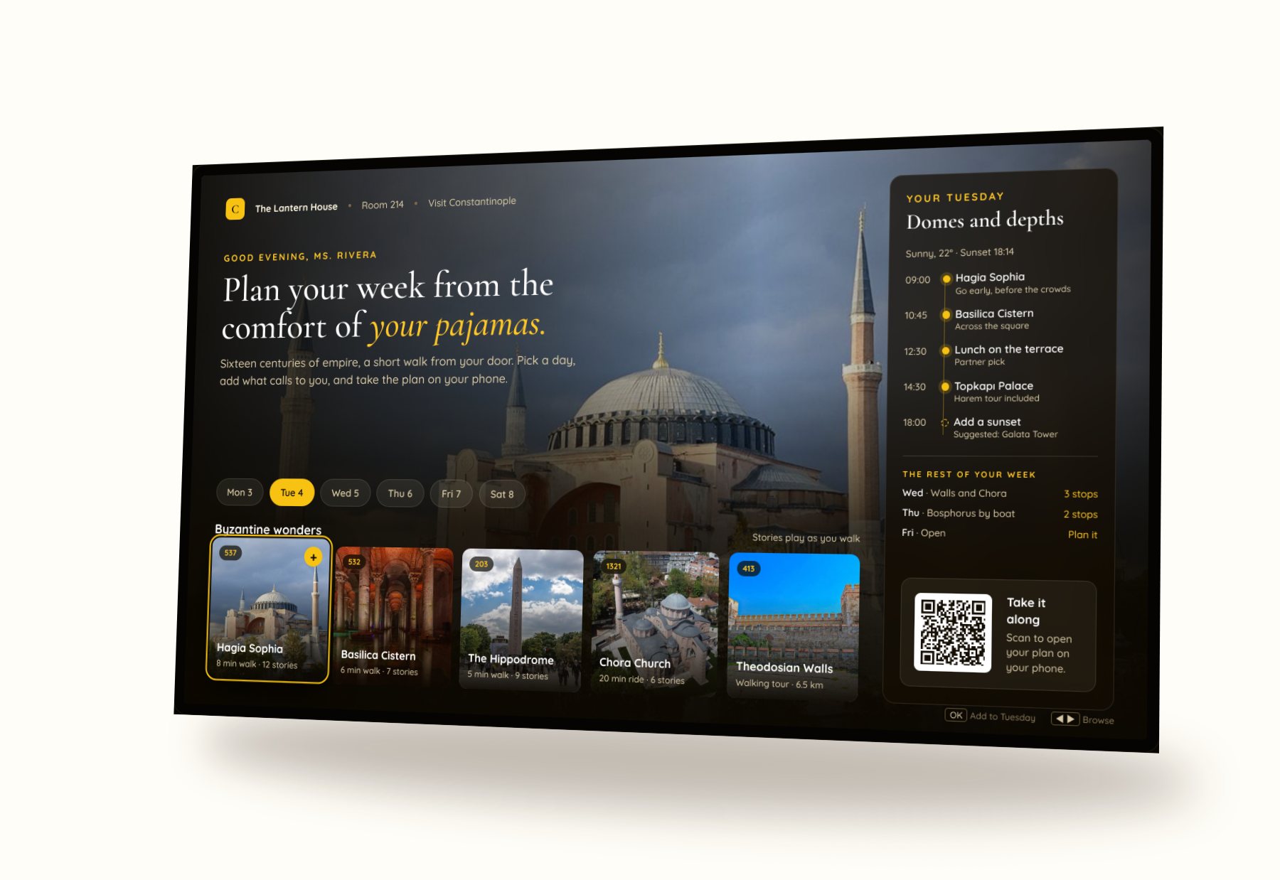 The partner app on a TV, planning a week in Constantinople