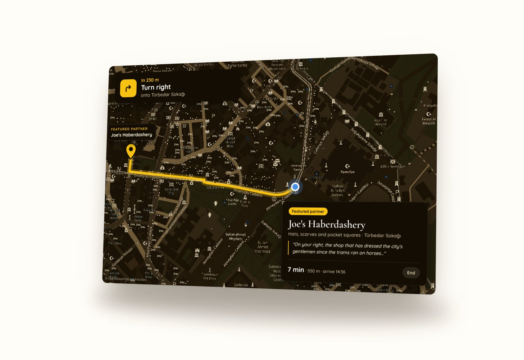 In-app navigation on a map to a featured partner, Joe's Haberdashery